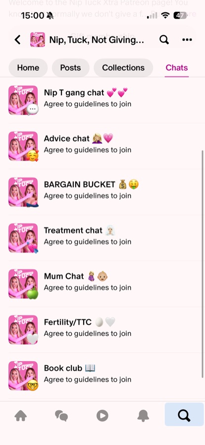 Patreon Chats showing community group chats